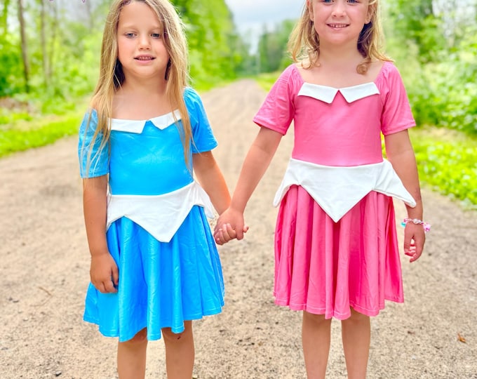 Sleeping Beauty Twirly Dress, girls, toddler, dress up, Halloween, costume, pink, blue, soft, pockets, Little Dress Shoppe