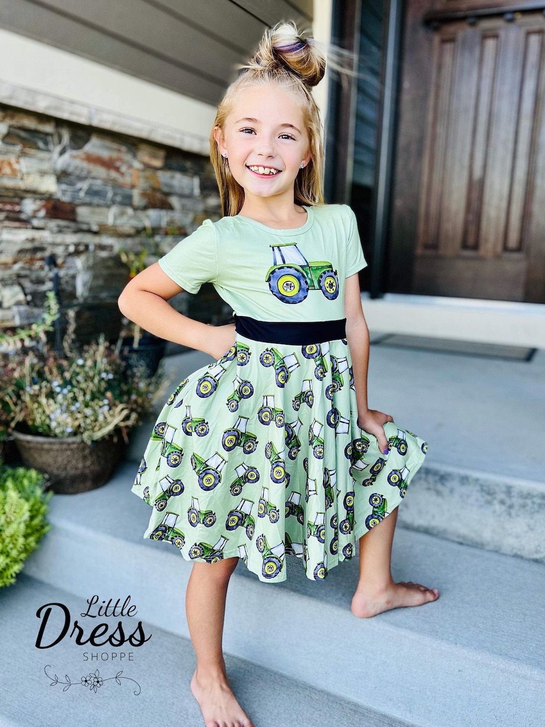 Green and Yellow Twirly Tractor Dress, Sibling Set, Green, Yellow