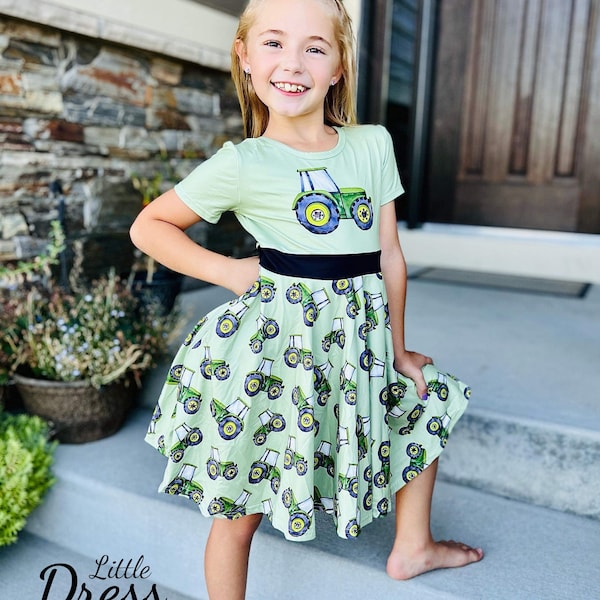 Green and Yellow Twirly Tractor Dress, sibling set, green, yellow, mower, farm, farmer, girls, toddler, kids, country