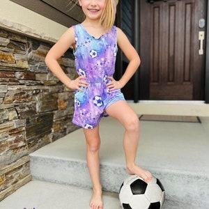 Purple Soccer Romper, kids, toddler, football, pockets, pink, purple, blue, summer, spring, sporty