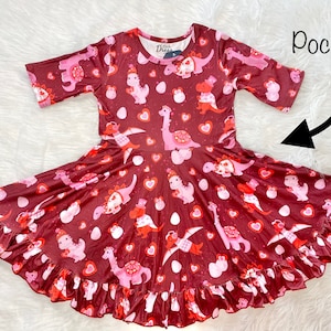 Valentines Day Dino Twirly Dress, twirl, dinosaur, maroon, half sleeve, pockets, girls, toddler, kids, full circle, ruffle