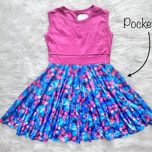 Twirly Watercolor Butterfly Dress, blue, pink, tank dress, little dress shoppe, kids, pockets, twirl, summer, soft, garden
