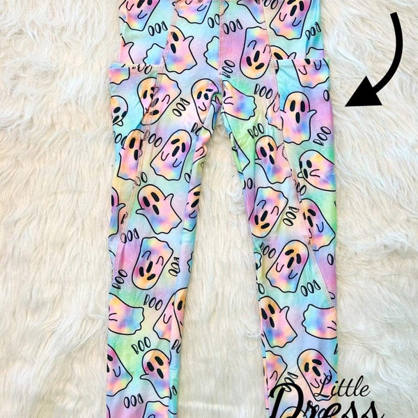 Neon ghost leggings, pockets, kids, pink, purple, pants, girls, Halloween, rainbow,