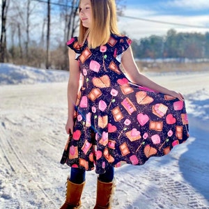 Twirly S’mores Dress, Valentine’s Day, girls, buttery, soft, pockets, flutter sleeves, full circle skirt, toddler, hearts