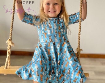 Dog Holiday Lights Twirly Dress, kids, toddler, blue, puppy, lights, puppy, Christmas, holiday, Xmas, pockets, buttery soft.
