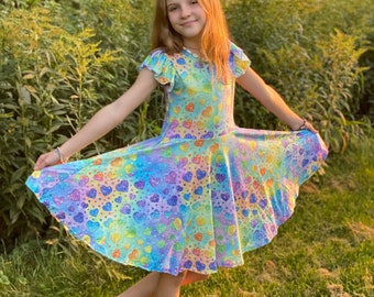 Twirly Pastel Heart Dress, Pockets, Valentines day, Rainbow, Kids, Girls, Toddler, valentine, ombre, twirly, twirl, full circle skirt