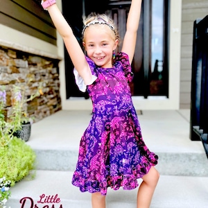Sparkly Dino Twirly Dress, Twirl, dinosaur, Kids, purple, pink, pockets, Sparkle, animal print, flutter sleeve, toddler, zoo, twirl skirt
