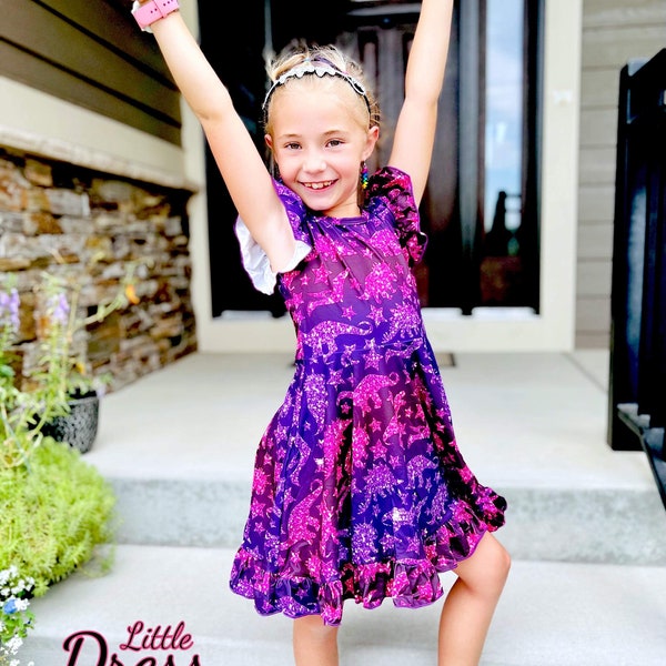 Sparkly Dino Twirly Dress, Twirl, dinosaur, Kids, purple, pink, pockets, Sparkle, animal print, flutter sleeve, toddler, zoo, twirl skirt