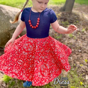 Jean Bandana Twirly Dress, twirl, handkerchief, country, girls, toddler, western, rodeo, cowboy, paisley, 4th of July, red, blue, pockets
