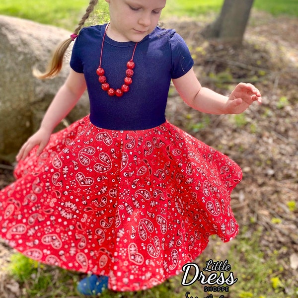 Jean Bandana Twirly Dress, twirl, handkerchief, country, girls, toddler, western, rodeo, cowboy, paisley, 4th of July, red, blue, pockets