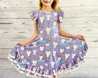 Purple Twirly Caticorn Dress, double ruffle, kids, toddler, twirl, cat, unicorn, lace, flutter sleeve, full circle skirt, rainbow, floral