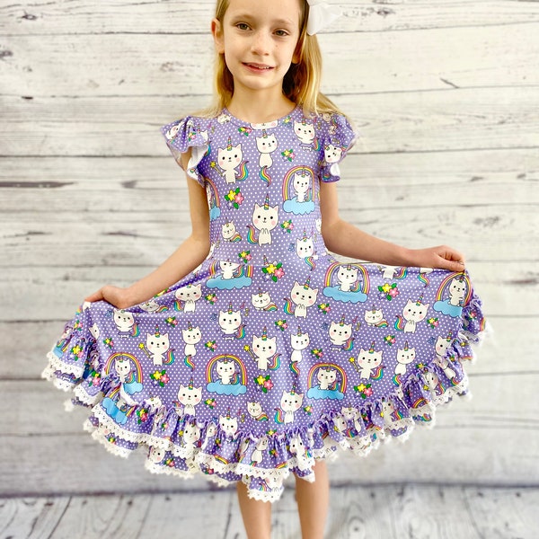 Purple Twirly Caticorn Dress, double ruffle, kids, toddler, twirl, cat, unicorn, lace, flutter sleeve, full circle skirt, rainbow, floral