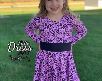 Long Sleeved Purple Twirly Leopard Dress, kids dress, winter, purple, black, toddler, full circle, buttery soft,  ruffle, fall