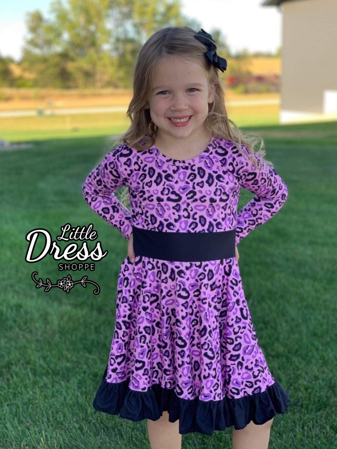 Long Sleeved Purple Twirly Leopard Dress kids dress winter purple black toddler full circle buttery soft ruffle fall