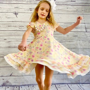 Yellow, Floral,  Double Ruffle, Twirly Dress, easter, lace, fancy, girls, kids, toddler, full circle skirt, twirl, dresses