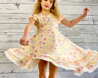 Yellow, Floral,  Double Ruffle, Twirly Dress, easter, lace, fancy, girls, kids, toddler, full circle skirt, twirl, dresses