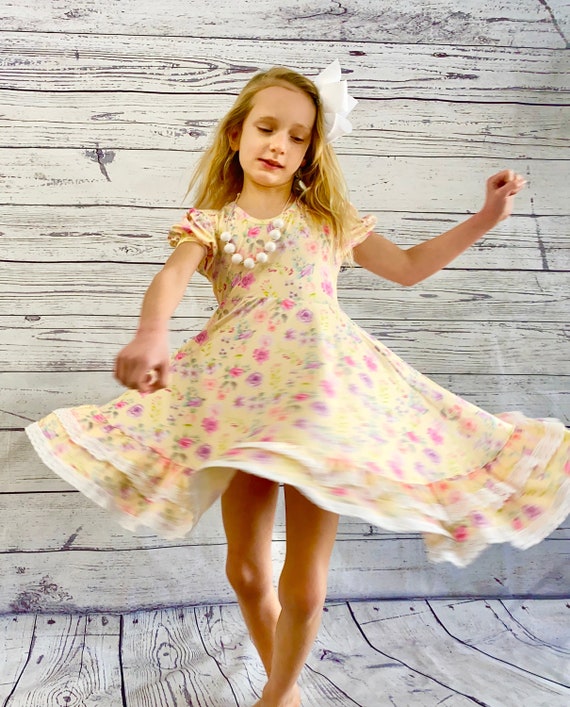 Yellow Floral Double Ruffle Twirly Dress Easter Lace Fancy