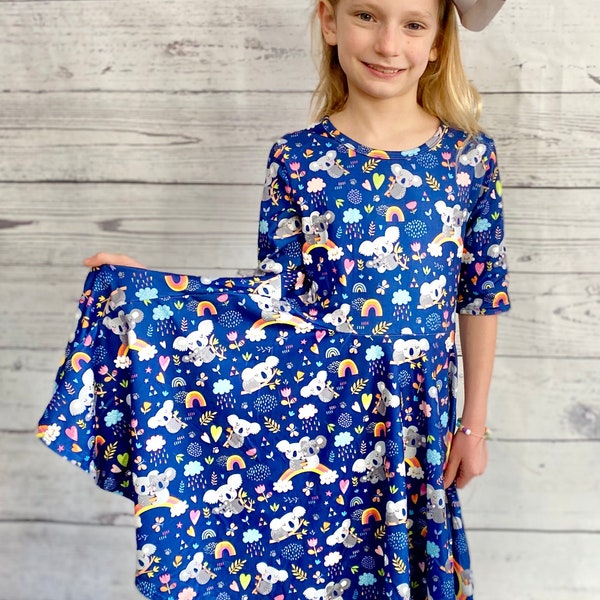 Rainbow and Koala Twirly Dress, buttery soft, animal print, half sleeve, Australia, girls, preschool, animal lover, twirl, full circle skirt