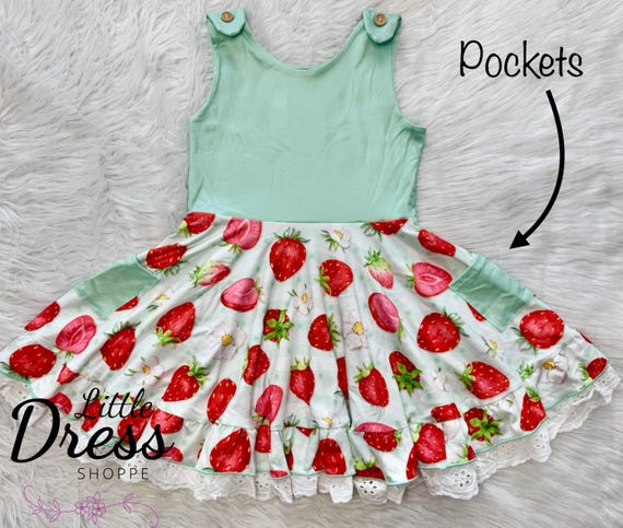 Mint Green Strawberry Twirly Dress, Pickets, Girls, Little Dress Shoppe, Fruit, Tank Dress, Summer, Button, Toddler, Lace