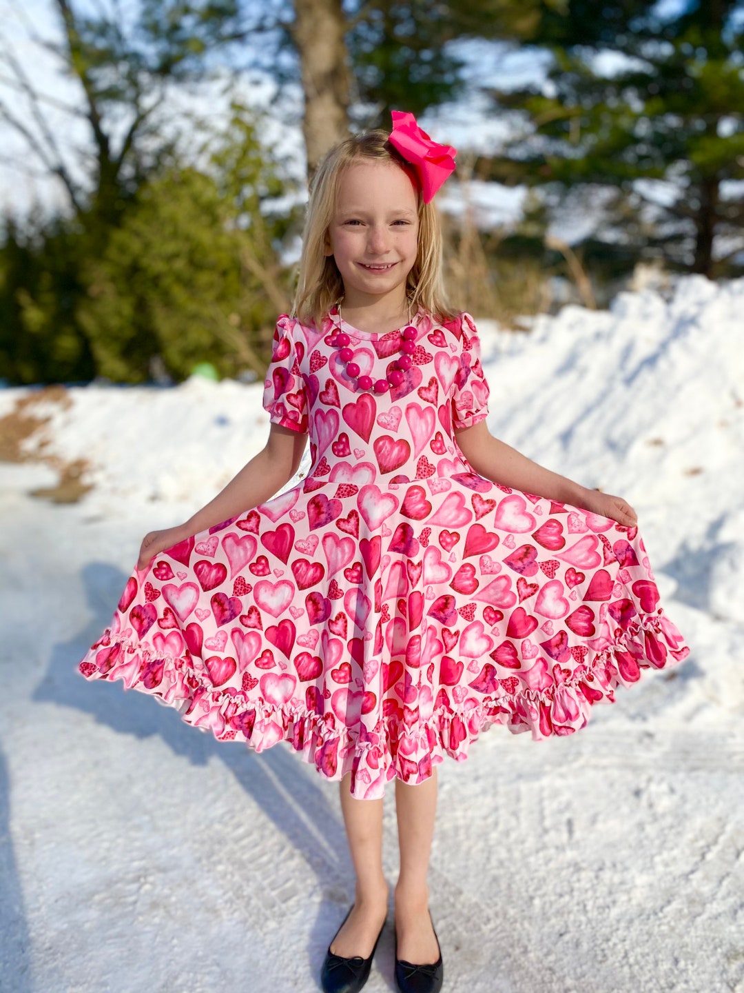 Pink Hearts Twirl Dress Twirly Pink Dress Full Circle Skirt. Valentines Day Ruffle Bottom Balloon Sleeves Cap Sleeve Buttery Soft Etsy