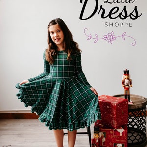 Long Sleeve Plaid Twirly Green Dress, Christmas, holiday, girls, kids, pockets, twirl, black, toddler, tween, winter, tartan, long sleeves