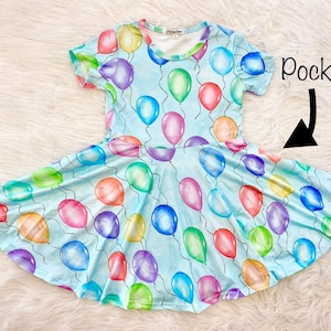 Twirly Happy Birthday Balloon Dress, girls, toddler, twirl, pockets, full circle skirt, blue, birthday, balloon, pre school