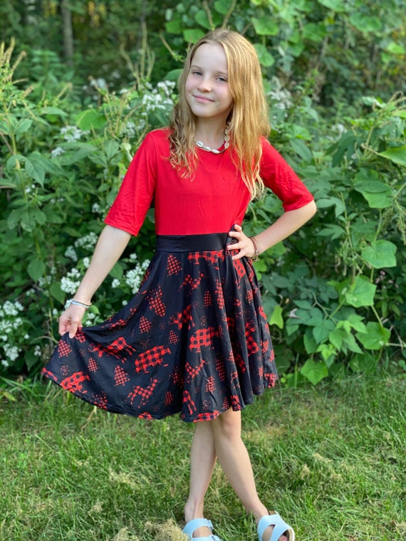 buffalo plaid holiday dress Woodland Animals Twirly Buffalo Plaid Dress, Christmas, Holiday, Girls,  Twirl, Pockets, Moose, Deer, Kids, Buttery Soft