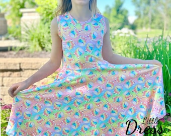 Squishy Rainbow Twirly Dress, stuffy, tank dress, girls, kids, pockets, toddler, rainbow, twirl, pastel, summer, little dress shoppe, spin