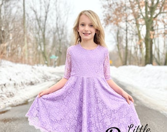 Lavender lace twirly dress, fancy, pockets, twirl, Easter, spring, kids, girls, toddler, teen, flower girl, wedding