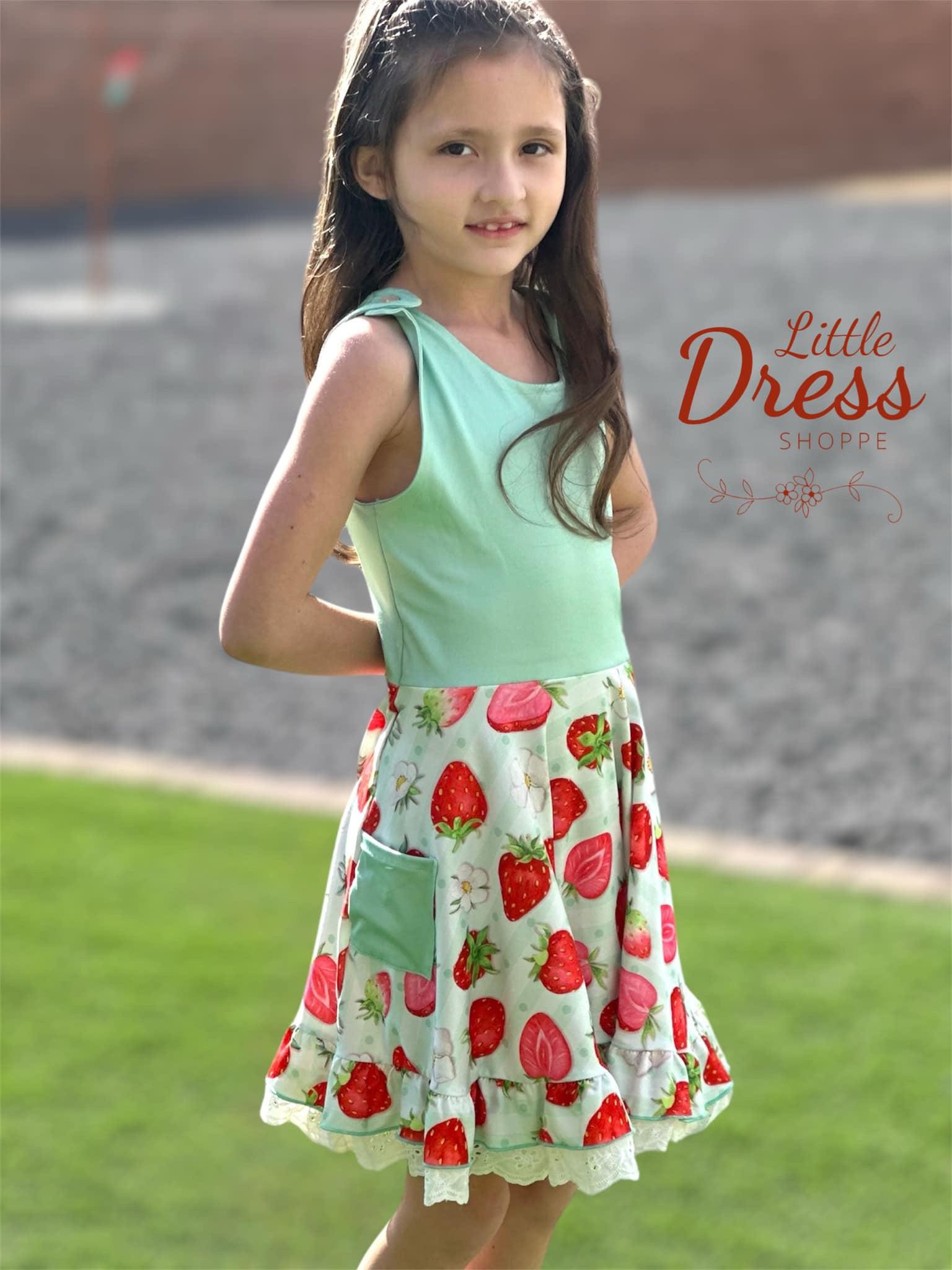 Mint Green Strawberry Twirly Dress, pickets, girls, little dress shoppe, fruit, tank dress, summer, button, toddler, lace