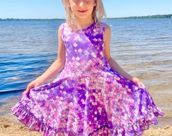 Twirly Purple Mermaid Dress, Mermaid scales, criss cross back, ruffle, full circle skirt, buttery soft, summer fashion, birthday gift girls