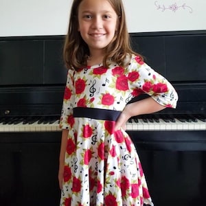 Twirly Musical Note Dress, kids, toddler, music, black, red, white, buttery soft, girls, recital, twirl, full circle skirt