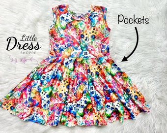 Video Game Twirly Dress, floral, pockets, twirl, girls, toddler, gamer, tween, tank dress, little dress shoppe, rainbow, toddler, summer