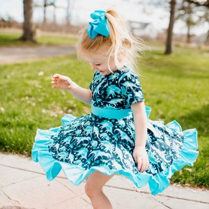 Blue Dinosaur Twirly Dress, Blue Dress, Full circle skirt, Dino Dress, Animal print, Toddler Dress, Preschool dress, buttery soft