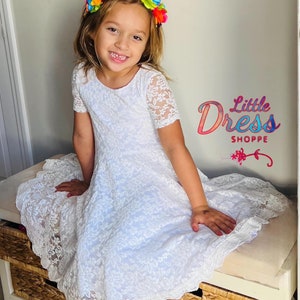 Flower Girl White Lace Dress, fancy dress, first communion, 1st communion, baptism dress, full circle skirt, soft lace, twirly dress, white