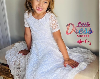 Flower Girl White Lace Dress, fancy dress, first communion, 1st communion, baptism dress, full circle skirt, soft lace, twirly dress, white