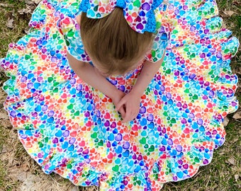 Rainbow Heart Dress, twirly dress, full circle skirt, buttery soft, girls dress, ruffle dress, Valentine’s Day dress