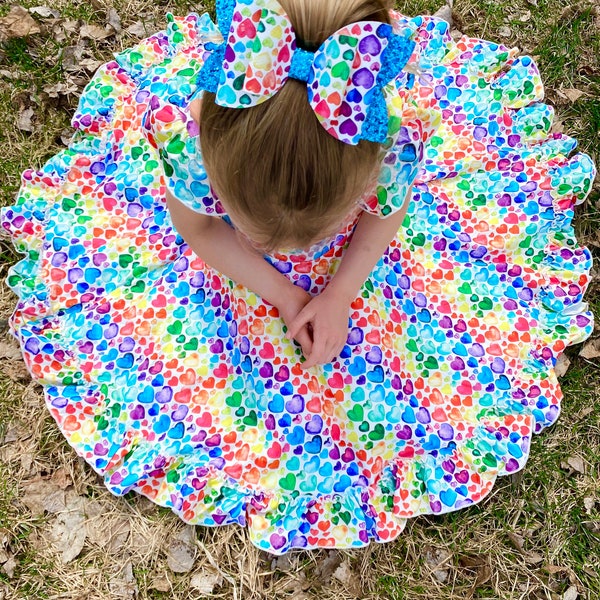 Rainbow Heart Dress, twirly dress, full circle skirt, buttery soft, girls dress, ruffle dress, Valentine’s Day dress