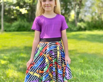 Back to school, crayon dress, pre school dress, kindergarten dress, purple, pencil, rainbow colors, full circle skirt, twirly dress