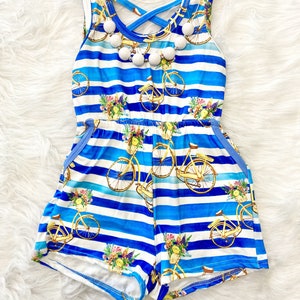Bicycle romper, Buttery soft, criss cross back, blue, gold, floral, kids jumper, kids romper, baby, toddler