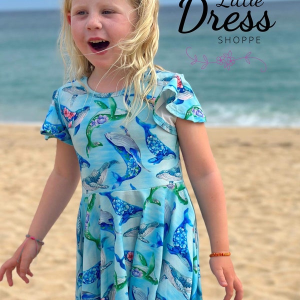 Floral Whale Twirly Dress, sea life, ocean, kids, toddler, twirl, pockets, tween, full circle, floral, blue