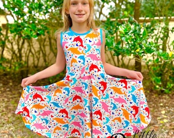 Twirly Rainbow Dolphin Tank Dress, ocean, girls, kids, pockets, twirl, summer, beach, spring break