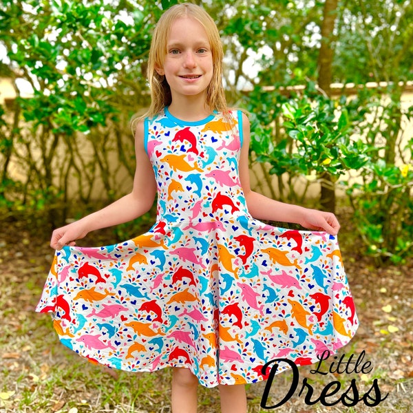 Twirly Rainbow Dolphin Tank Dress, ocean, girls, kids, pockets, twirl, summer, beach, spring break