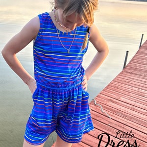 Blue Rainbow Stripes Romper, blue, romper, pockets, stripes, girls, summer, tween, little dress shoppe, jumper, all in one, toddler
