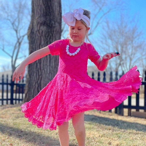 Bright Pink Twirly Lace Dress, Fancy Dress, Valentines, Valentine, girls, toddlers, twirl, twirly, cotton, lace, Easter Dress, spring