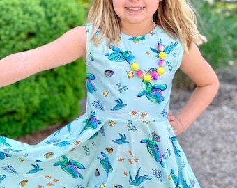 Turtle dress, Twirly, Twirl, Ocean, green, kids, toddler, teal, sea, summer, full Circle, twirling, tank, dresses