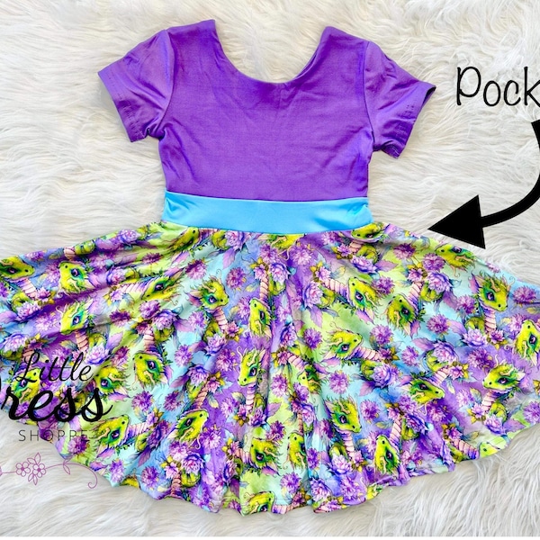 Purple Twirly Dragon Dress, floral, purple, pockets, kids, toddler, girls, toothless, twirly, twirl, fantasy, blue, double lined