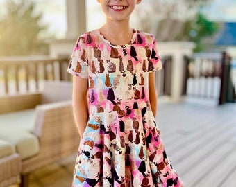 Rainbow Cat Twirly Dress, pockets, animal print, kitty, twirl, girls, kids, toddler, gift, kitten,