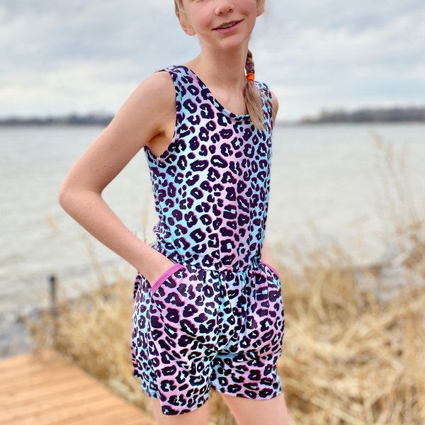 Neon Leopard Romper, kids, toddler, girls, animal print, purple, pink, summer, buttery soft, jumper, beach