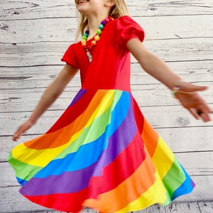 Twirly Red Rainbow Dress, girls, toddler, buttery soft, twirl, optical illusion, rainbow, bright, full circle skirt, spinning